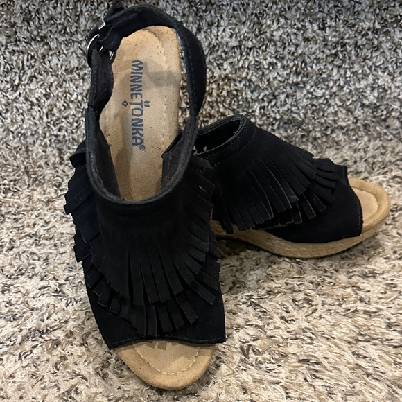 Minnetonka Black Fringe Sandals for Women - Picture 1 of 6